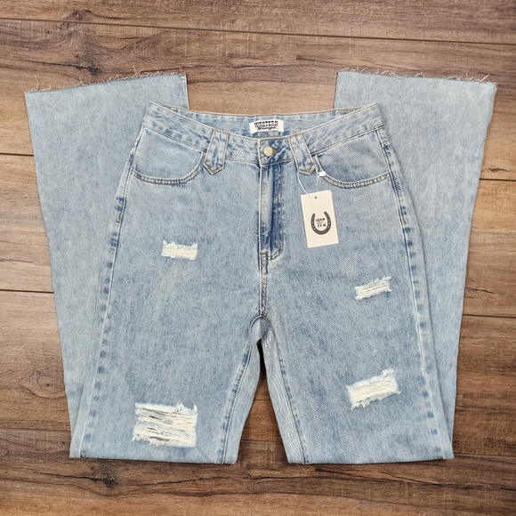 NWT Western Gringa Bareback Lightwash high rise jeans raw/split him W28L36 - Picture 1 of 14